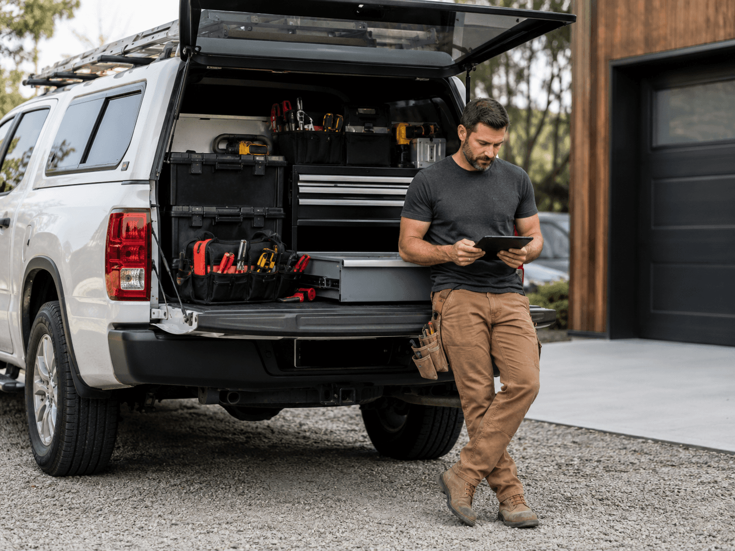 A trade business work truck on the job
