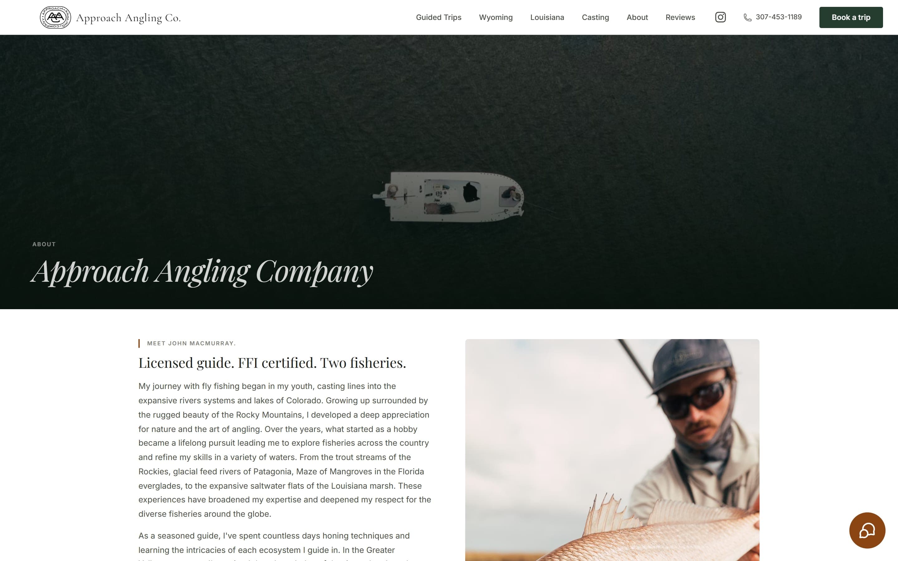 The new About page with a full-width photo and the headline Licensed guide. FFI certified. Two fisheries.