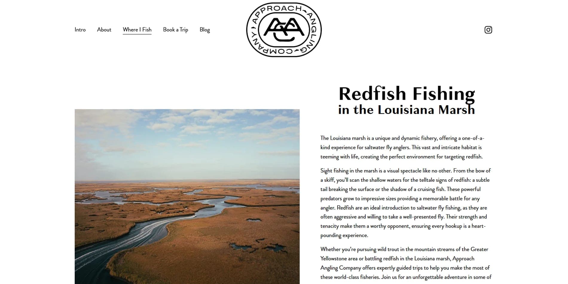 The old page titled Redfish Fishing in the Louisiana Marsh: one photo and three paragraphs