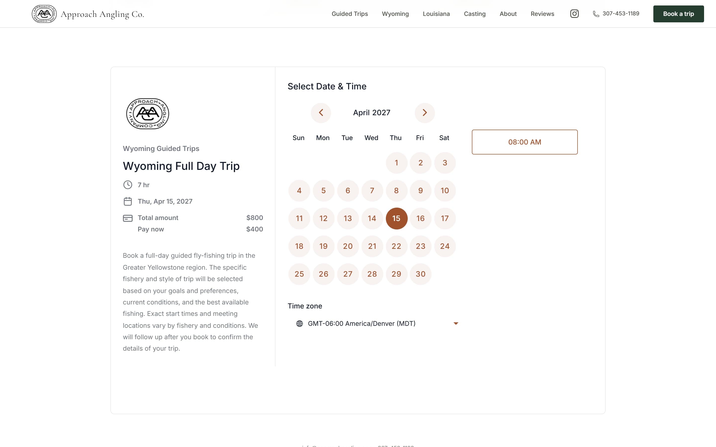 The Book page with the Wyoming full day calendar: April 2027 open, the 15th selected, an 8:00 AM slot