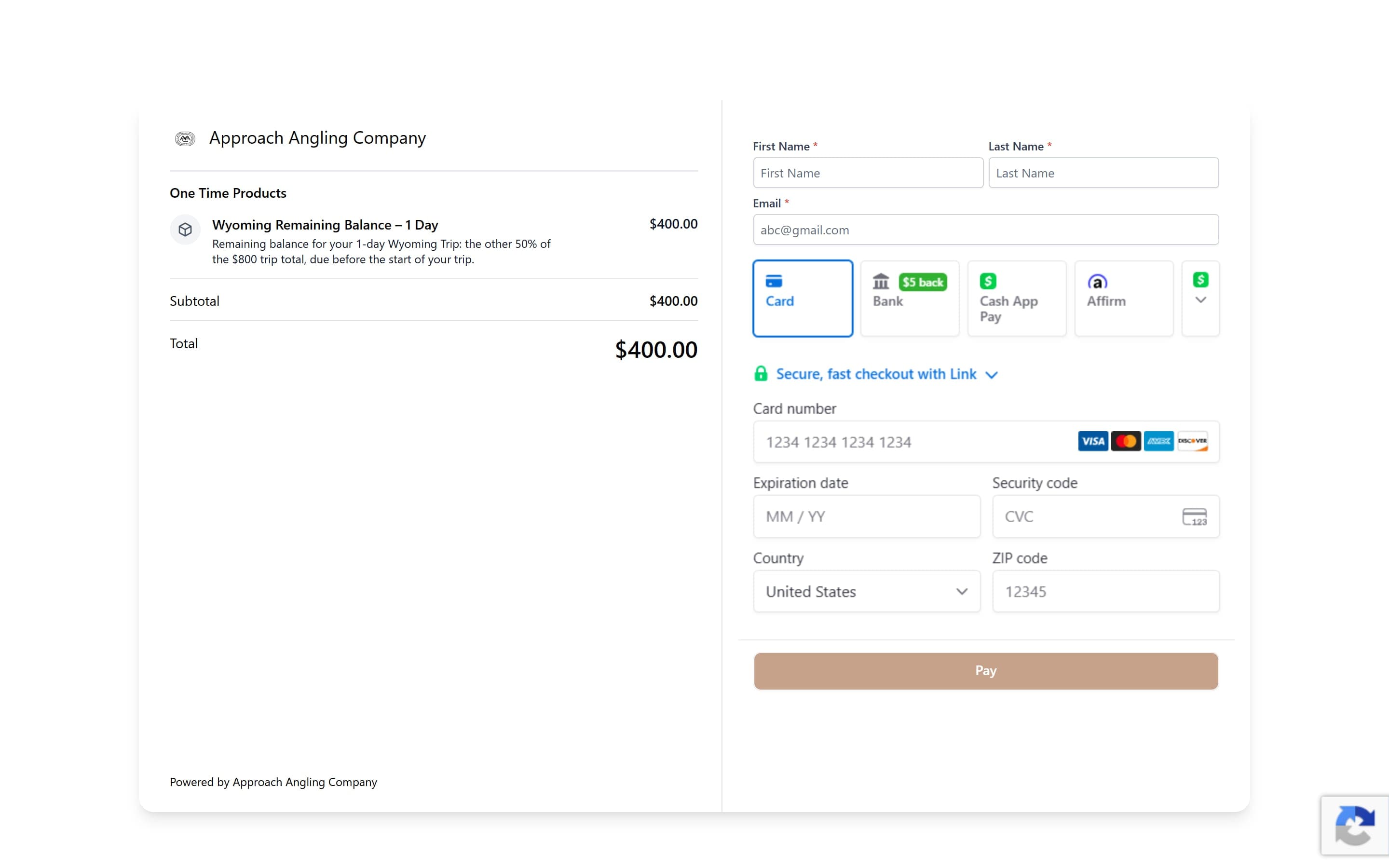 A branded checkout page with the trip balance and card, bank, and other payment options