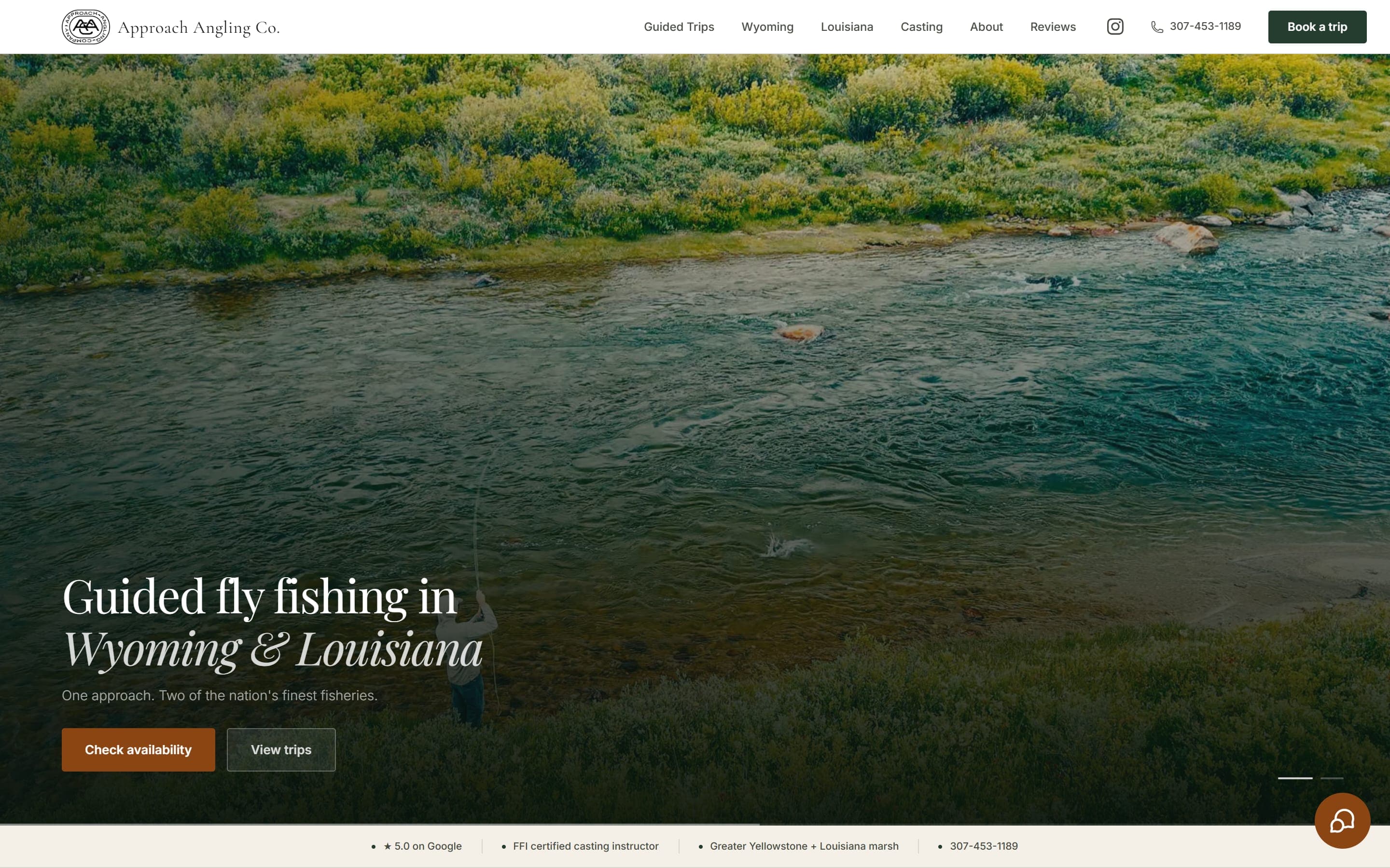 The new homepage with a full-width river photo and a Check availability button