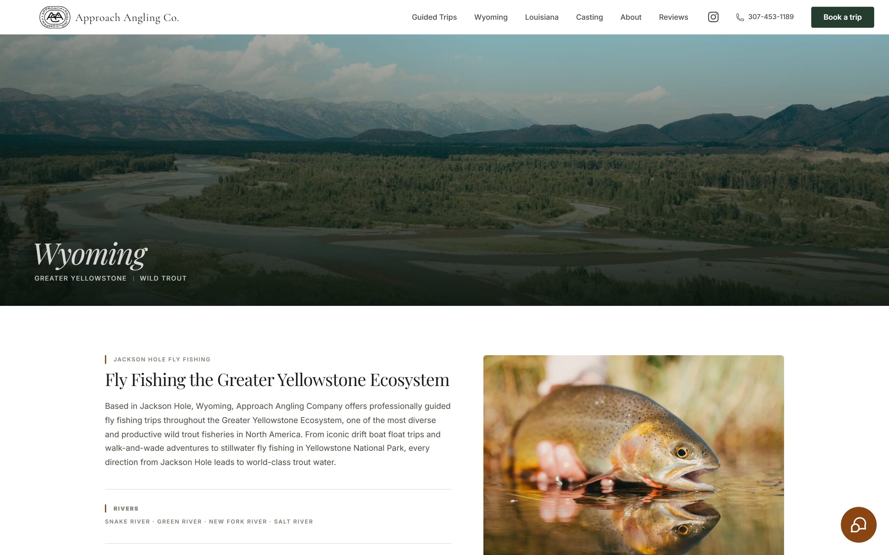 The Wyoming page: a wide photo of the valley and river, then the Greater Yellowstone introduction