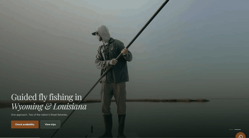 The homepage hero fading between the Wyoming river photo and the Louisiana skiff photo